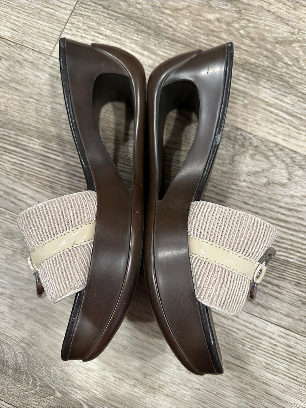 Calvin Klein Chocolate Brown and Cream Cutout Wedge Sandals - Picture 3 of 4